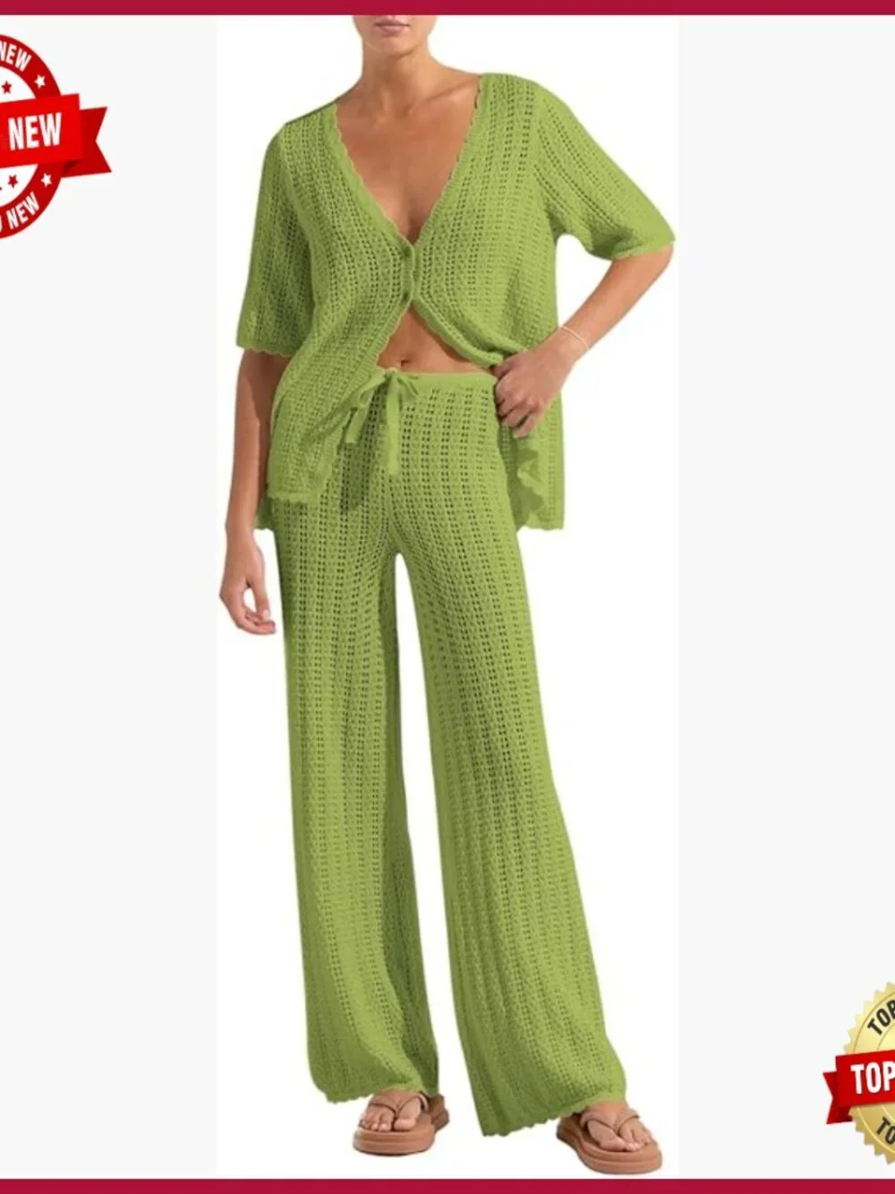 Crochet Knit Cardigan Top Drawstring Pants Swim Cover Up Set X-Large